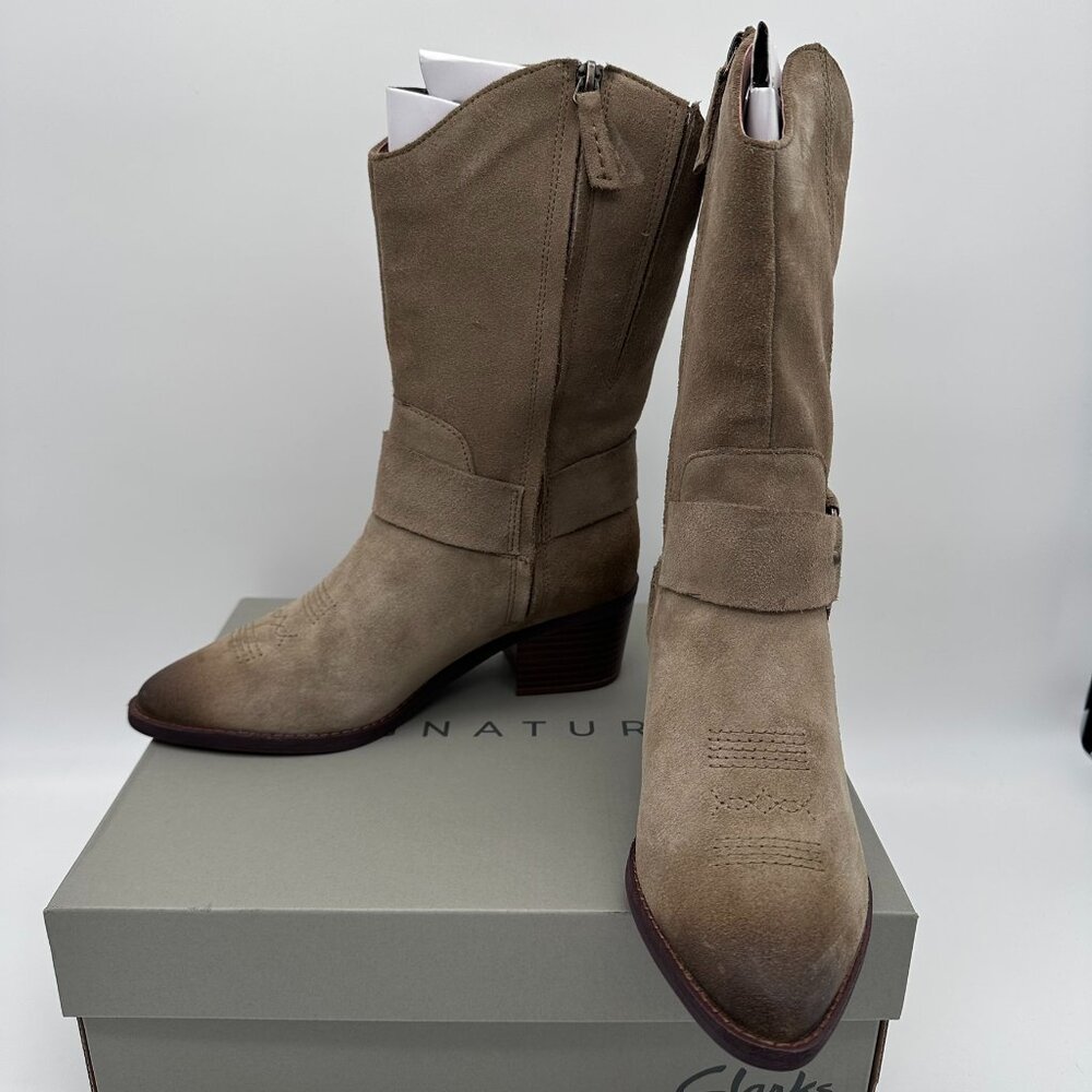 Clarks Women's Morzine Rise Suede Cowgirl‎ Cowboy Boots, Size 7M, Dark Sand